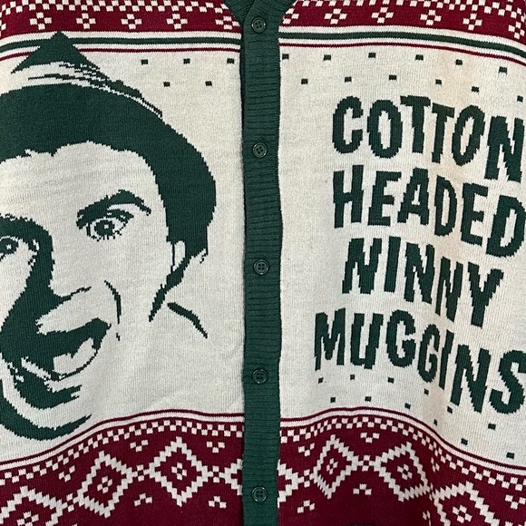 ELF MOVIE L M Unisex Cotton Headed Ninny Muggins Ugly Christmas Sweater Cardigan - Picture 5 of 13